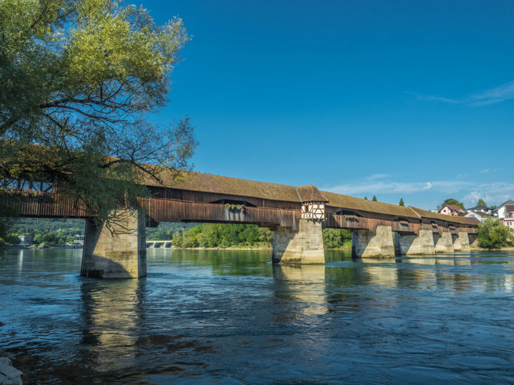rhe326 covered wooden bridge over the hochrhein river, stein ag